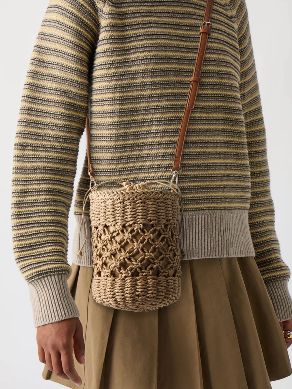 Handwoven Straw Bucket Crossbody Bag with Adjustable Leather Strap - Natural